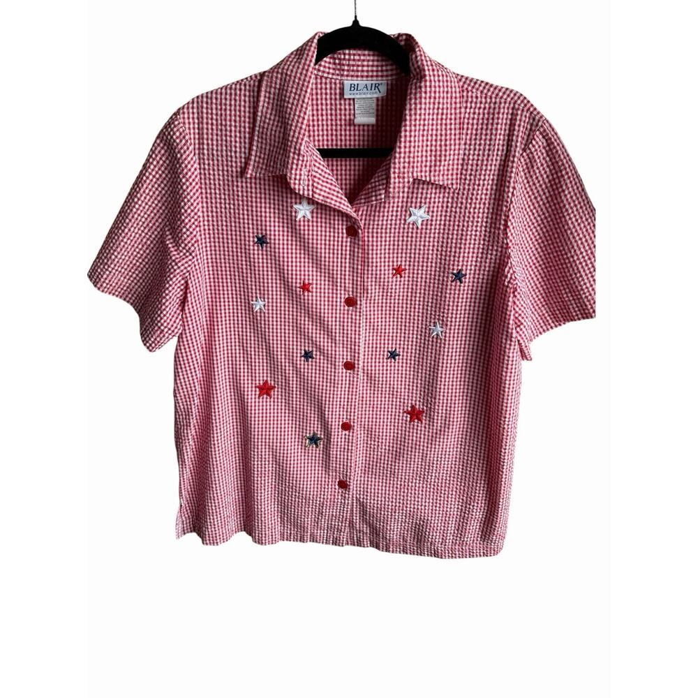 Blair Gingham Shirt Womens L Red White Star Embroidered Seersucker Americana